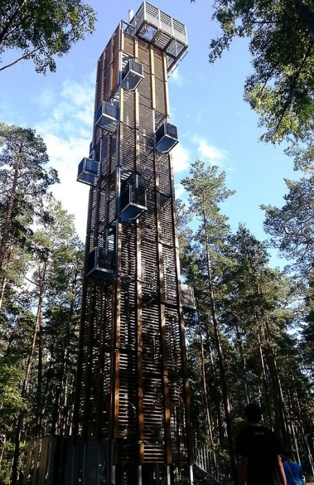 Razgledni stolp v Jurmali med borovimi drevesi