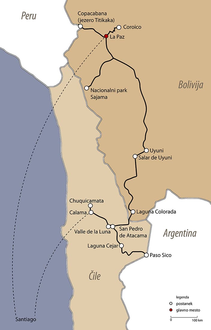 zemljevid načrt potovanja bolivija in čile