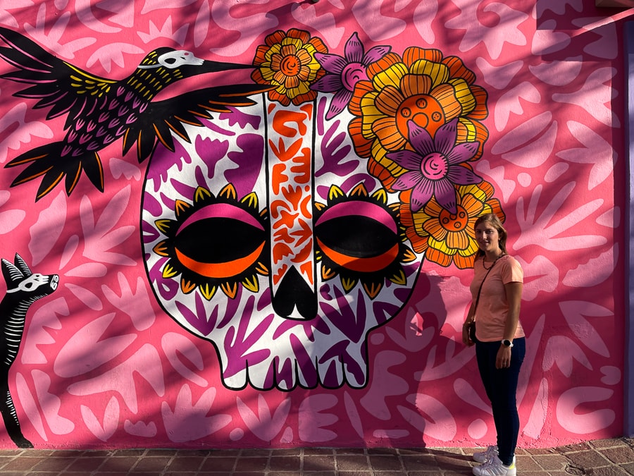 ženska stoji ob grafitu lobanje na roza podlagi