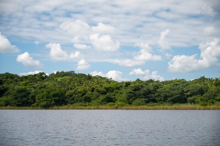 pogled na reko in manjši grič - neodkopana majevska piramida. Lamanai, Belize