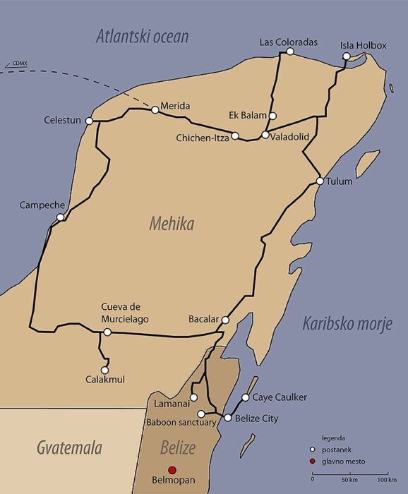 zemljevid, načrt potovanja Jukatan (Mehika in Belize)