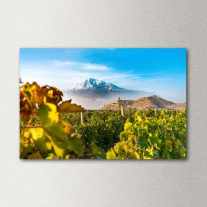 stenska slika Armenija, zasnežena gora Ararat, samostan Khor Virap